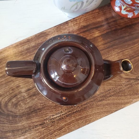 Vintage JAPAN Ceramic Teapot Floral Moriage Painted Brown Retro - Picture 3 of 6